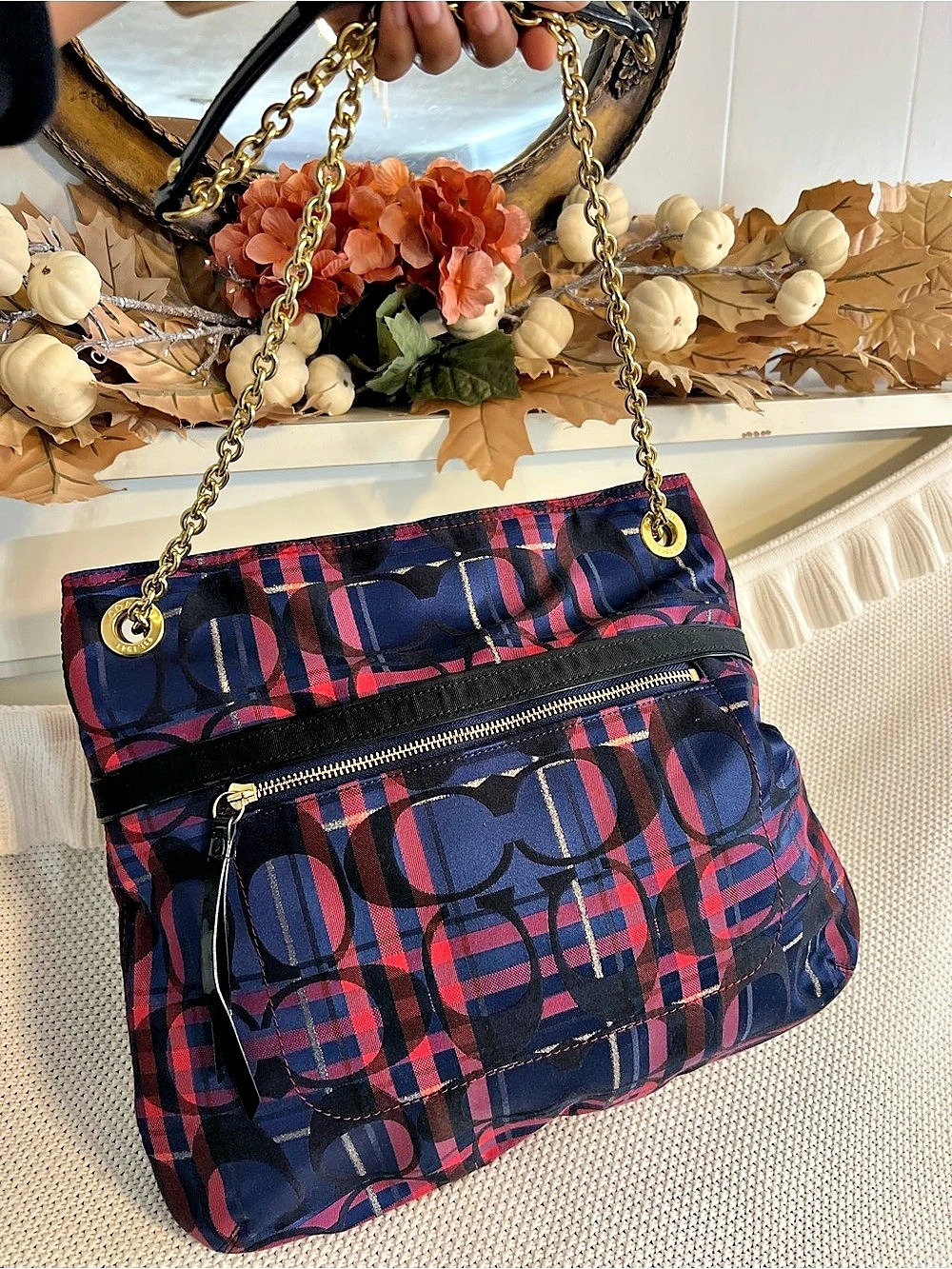 Coach Poppy Tartan Glam Tote Plaid Shoulder Bag Blue & Red